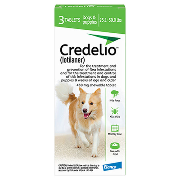 Credelio Chewable Tablet 450mg For Dogs 25.1-50 lbs (11-22 kg) 3 Pack