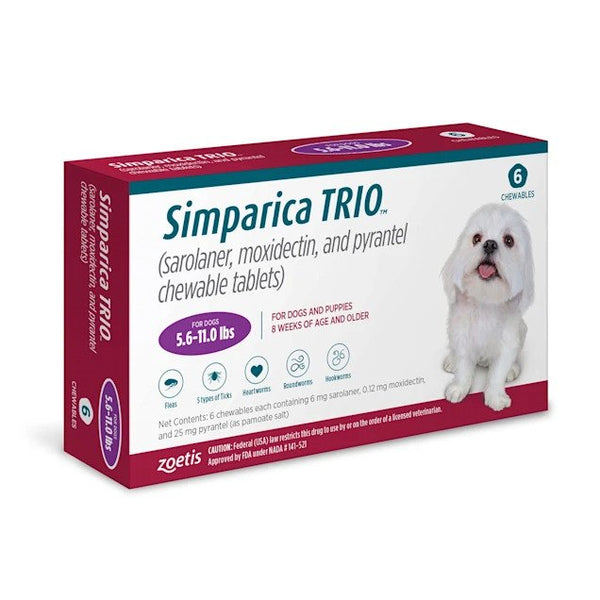 Simparica Trio for Dogs 5.6-11 lbs (2.5-5 kg) 6 Pack | 79Pets